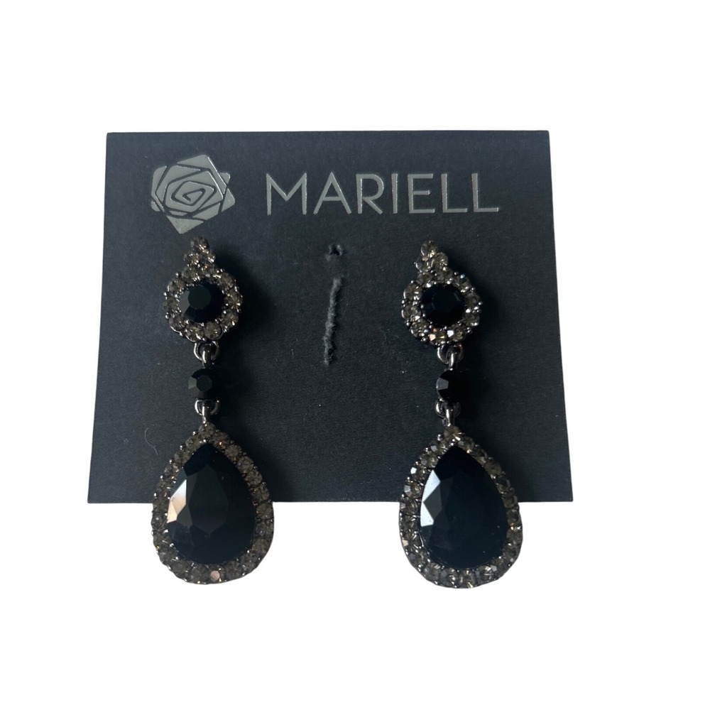 NWT Mariell Black Teardrop‎ Dangle Earrings Rhinestone Evening Party Prom